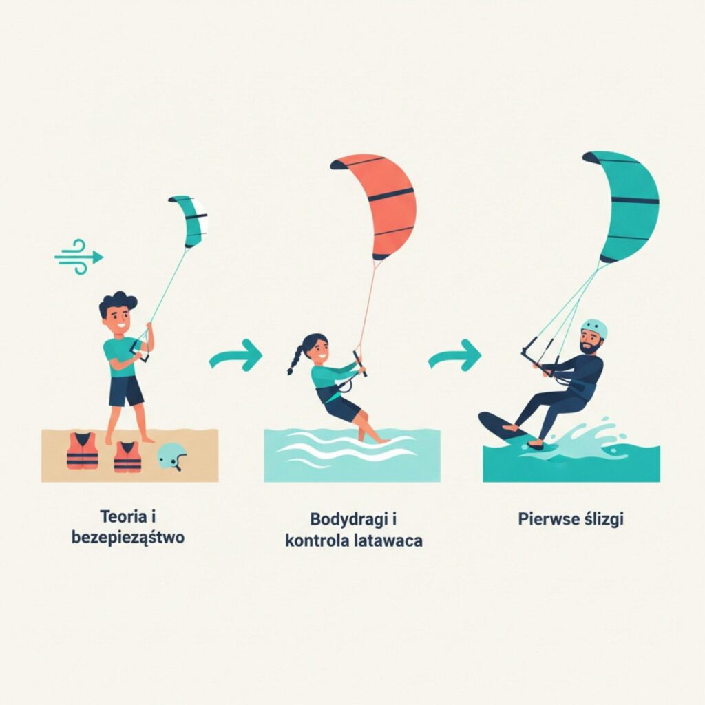 Przejrzysta infografika pokazująca trzy etapy nauki kitesurfingu według IKO z ilustracjami i opisami